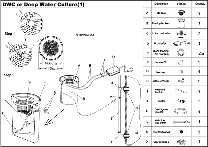 Hydroponic Growing System with 5 Gallon Deep Water Culture Recirculating Drip Garden System with Multi-Purpose Air Hose Air Pump and Air Stone (1 Bucket + Round Drip Kit)