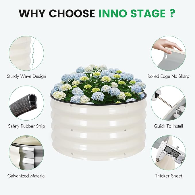 INNO STAG 3 Pcs Round Galvanized Raised Garden Bed — 2×2×1ft Planter Box Outdoor Raised Beds Kit for Gardening Vegetables Fruits Herbs and Flowers White