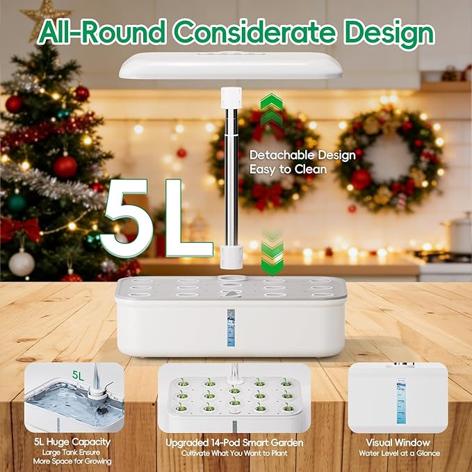 SPECILITE Hydroponics Growing System Kit 14 Pods Smart Indoor Herb Garden with Grow Light WiFi &amp App Control Quiet Pump 5L Water Tank Automatic Timer Planter for Gardening Gifts White