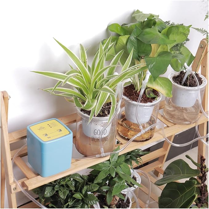 Hydroponic Equipment Intellint Watering Device Double Pump Timed Automatic Drip Irrigation System Remote APP Controller Garden Terrace Potted Indoor Garden(Blue 15 Pots)