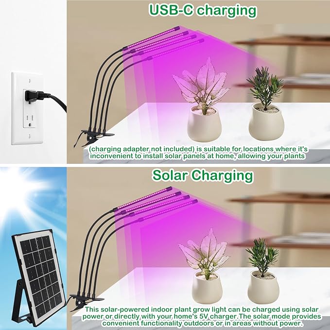 LED Grow Lights for Plants with 3/9/12H Timer Solar Plant Grow Light Battery Powered UV Grow Lights for Indoor Plants Adjustable Gooseneck Suitable for Vegetation Run Day/Night