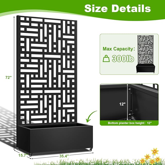 Metal Planter Box with Trellis 72x35x16 Metal Raised Garden Bed with Trellis Planter Box with Drainage Holes &amp Lockable Casters for Climbing Plants Vegetables and Vines