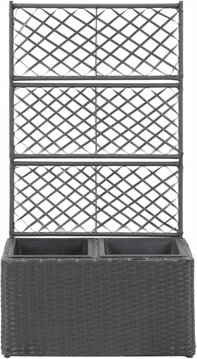 Raised Bed Planter Trellis Design with 2 Pots 22.8x11.8x42.1 Inches Black Poly Rattan for Climbing Plants and Flowers in Garden or Terrace