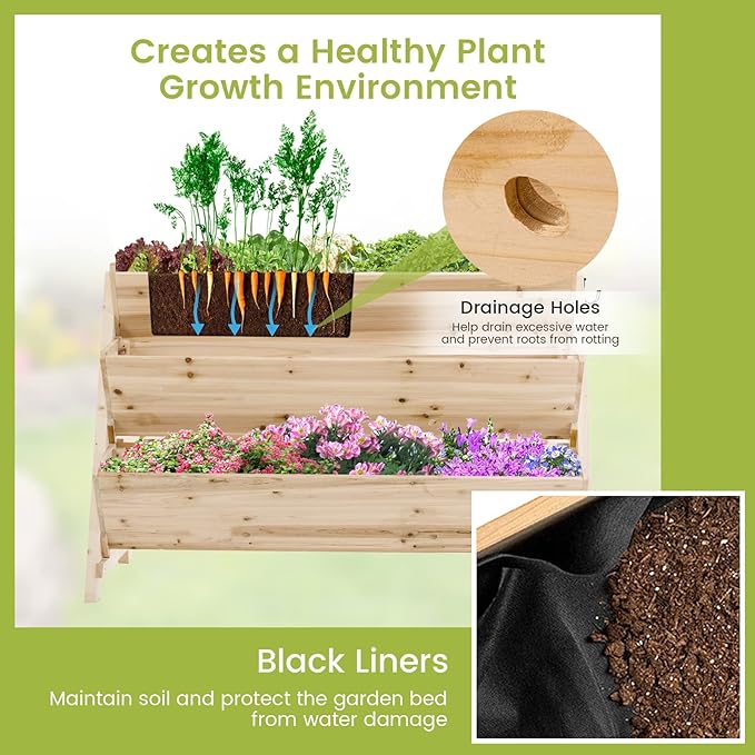S AFSTAR 3-Tier Vertical Garden Bed Wooden Elevated Planter Bed with Legs Storage Shelf 2 Hooks Raised Bed Kit for Flower Vegetable Herb Outdoor Plant Box Stand for Yard Garden &amp Balcony