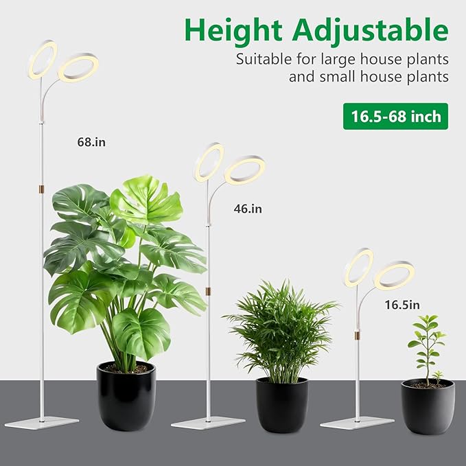 Dual Head Grow Light for Indoor PlantsFull Spectrum Halo Plant Lights with Stand Floor Standing Growing Lamp with Adjustable HeightAuto TimerDimmable Brightness for Tall Large Plant（White