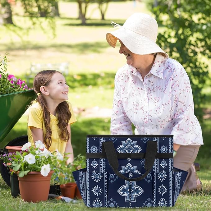 Westward Floral Gardening Tool BagHeavy Duty Garden Tote BagPortable Oxford Gardening Storage Basket Organizer Handbag with Pockets HandleHand Tools Gifts for Outdoor Garden Lawn Yard