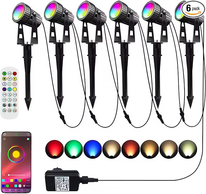 Smart Landscape Lighting COB Low Voltage Landscape Lights RGB Warm White LED Bluetooth Spotlights APP Control 12V 18W Outdoor Yard Spot Lights with Spike Stand Waterproof Garden Light Music Sync