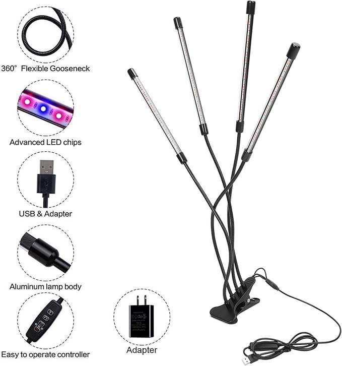 EVTSCAN 4 Head LED Timing Plant Grow Light with Clamp Full Spectrum Red Blue Felxible Grow Lamp