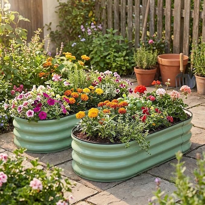 Oval Galvanized Steel Raised Garden Beds 2-Pack Large Outdoor Planter Boxes with Open Base and Safety Edge 4.5x2x1.5FT Weather-Resistant Planter for Vegetables Flowers Herbs Olive Green