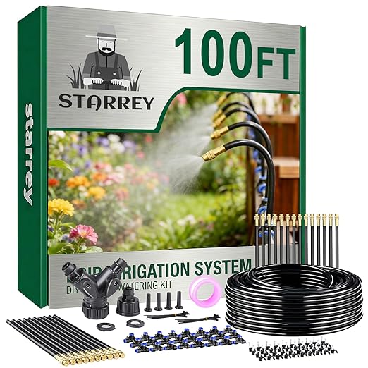 Drip Irrigation System 2026-Upgrade 100Ft 1/4 Garden Watering System with 24 Pcs 360° Adjustable Copper Nozzles DIY Kit for Garden Lawn Greenhouse Raised Beds &amp Outdoor Plants