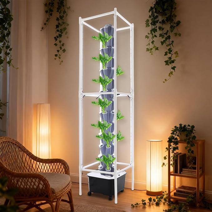 Hydroponic Grow Tower with LED Lights 70 Holes Indoor Vertical Garden System for Herbs Vegetables 14-Tier Hydroponics Growing System with Timer &amp Wheels Soil-Free Planter for Home/Office (Grey)