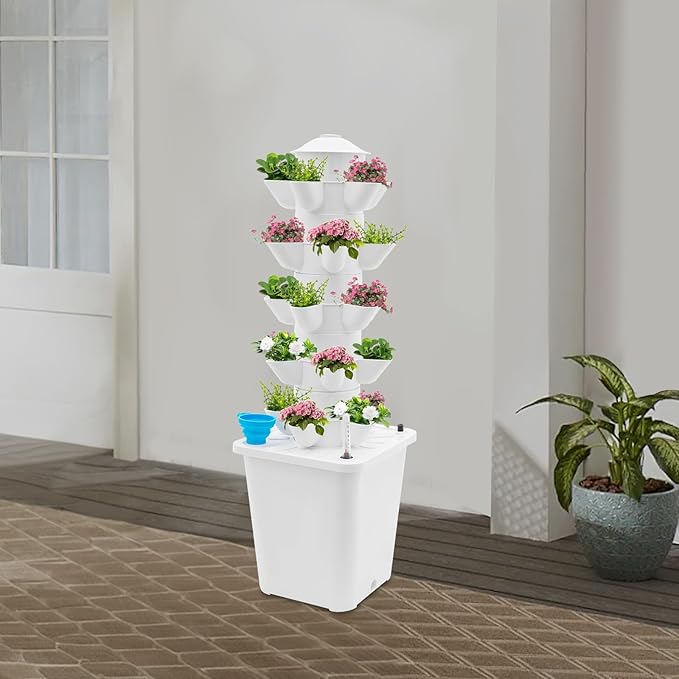 25-Plants Vertical Hydroponics Tower System Growing System Vertical Garden Planter with Pump &amp Water Tank Hydroponic Mechanism for Home Kitchen Balcony - White
