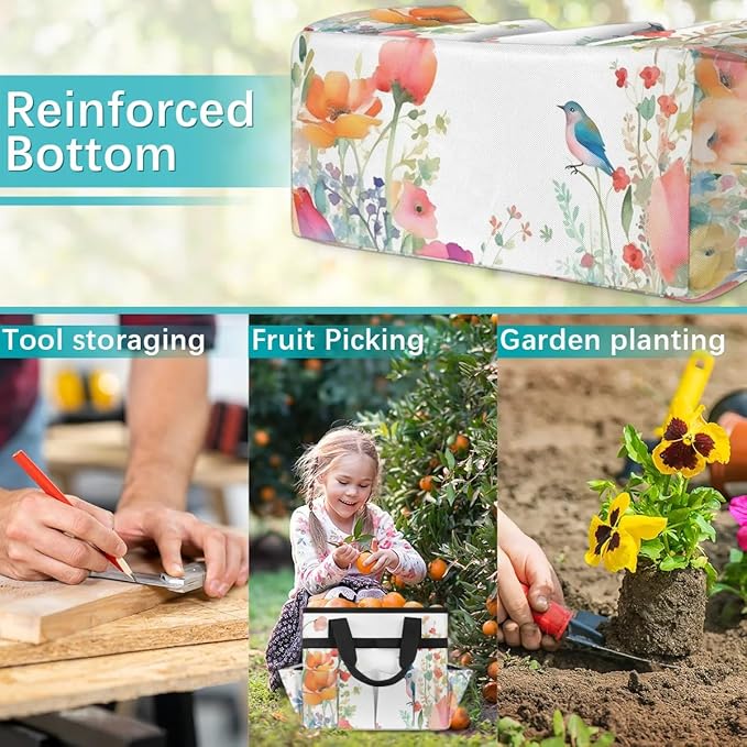 Garden Tool BagFloral Spring Flowers Bird Gardening Organizer Bag With Pockets Garden Tool Kit Storage Tote for Women Men Garden Tool Set Holder