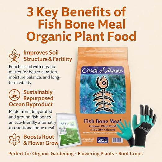 Coast of Maine FM6000 Fish Bone Meal Plant Food 3 LB – Organic Phosphorus-Rich Fertilizer for Root &amp Bloom Growth with My Garden Pool Soil Test Strips &amp Claw Gardening Gloves