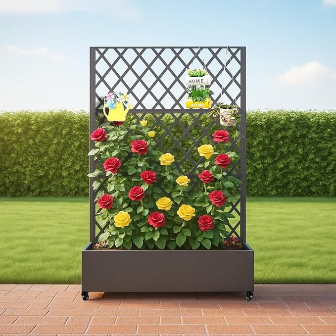 GarveeLife Metal Privacy Screen with Wheels – Galvanized Steel Garden Trellis &amp Planter Box for Climbing Plants/Vines– Galvanized Raised Garden Bed for Patio Yard Balcony