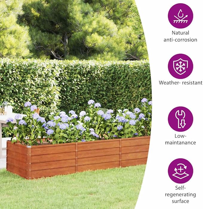 vidaXL corten Steel Garden Raised Bed - Large Rusty Planter for Balcony/Patio - Optimal Drainage - Dimensions: 126x31.5x17.7 in