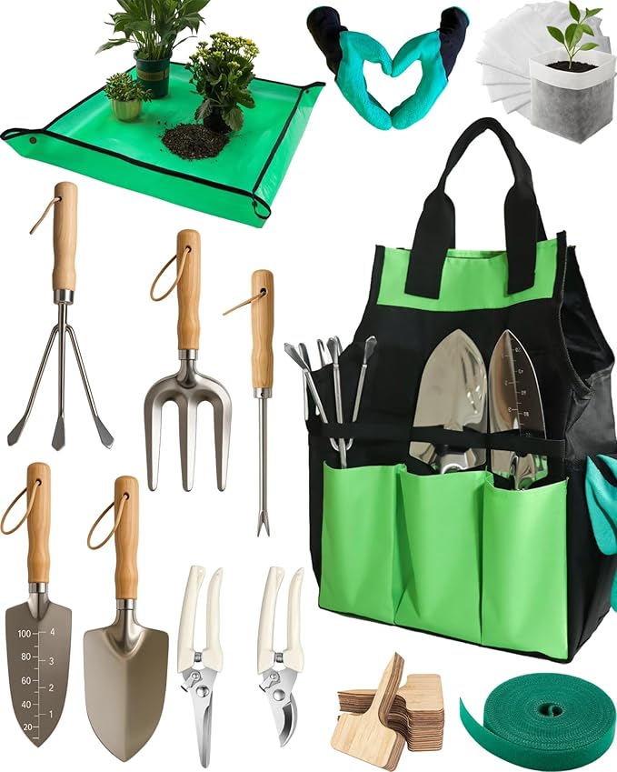 Garden Tool Set Stainless Steel Gardening Hand Tools Gardening Supplies Kit Garden Tools with Fashion and Durable Storage Bag Ideal Gifts for Women Men (13 Pieces)