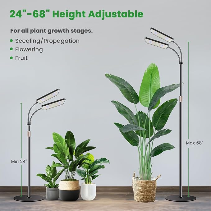 Wiaxulay Grow Light with Stand Full Spectrum Floor Plant Lights for Indoor Growing Height Adjustable 24-68 Ideal for Growing Large Plants 4/8/12/16H Timer3 Lighting Modes306 LED (2 Heads)