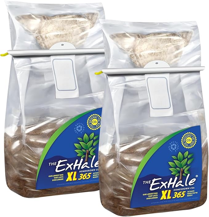 Exhale Homegrown CO2 XL 365 - Self-Activated CO2 Bags for Indoor Grow Rooms &amp Grow Tents - Foliage Mushroom Bags (2 Pack)