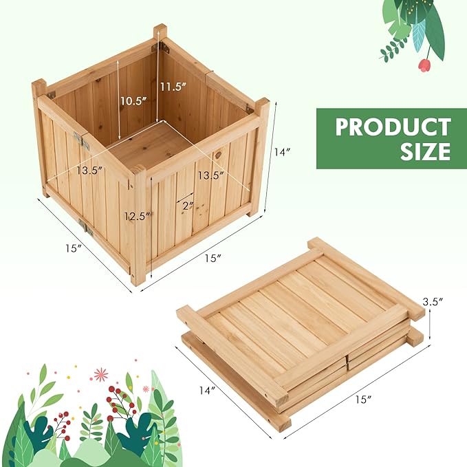LDAILY Foldable Raised Garden Bed Easy Assembly Raised Bed with Bottom &amp Drainage Hole Wood Planter Box for Flowers/Vegetables/Fruits in Backyard Patio (15 L x 15 W x 14 H)
