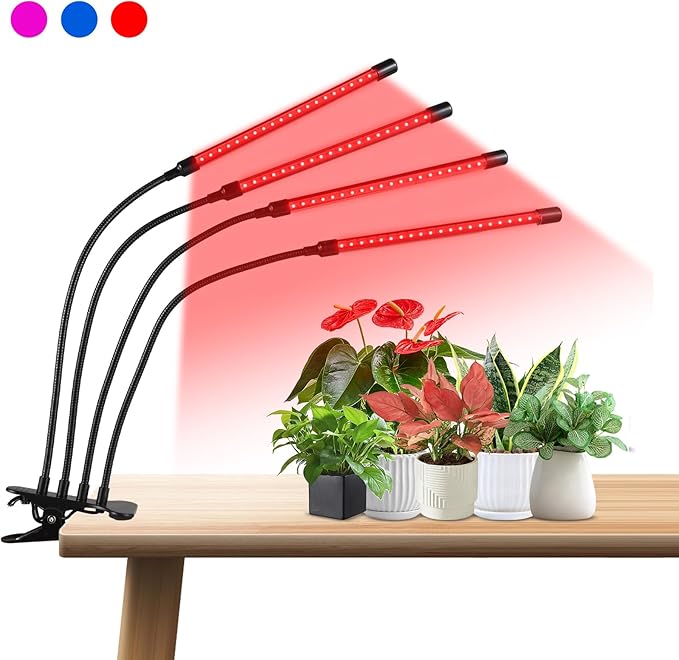 LED Grow Light with Full Spectrum Clip Plant Growth Lamp with Red and Blue LEDs for Indoor Plants 10 Levels Dimmable 3/9/12H Timer 4 Heads
