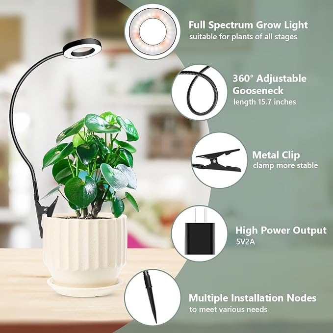 Plant Light 2 Pack Clip on Grow Lights for Indoor Plants LED Full Spectrum Halo Grow Lamp with 6/12/16H Timer 5 Dimmable 3 Modes 2 Installation Options Clip or Plug