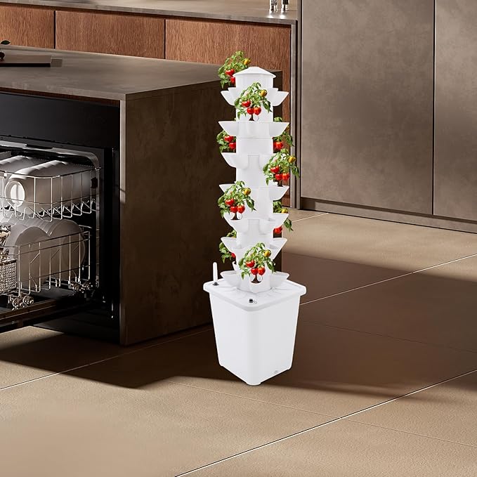 7-Tier Vertical Hydroponics Growing System Kit 35 Plant Hydroponics Growing Tower with 118.11In Lift 63.4 Gal/H Flow Rate 2.64Gal Tank for Fruits Vegetables Indoor Gardening
