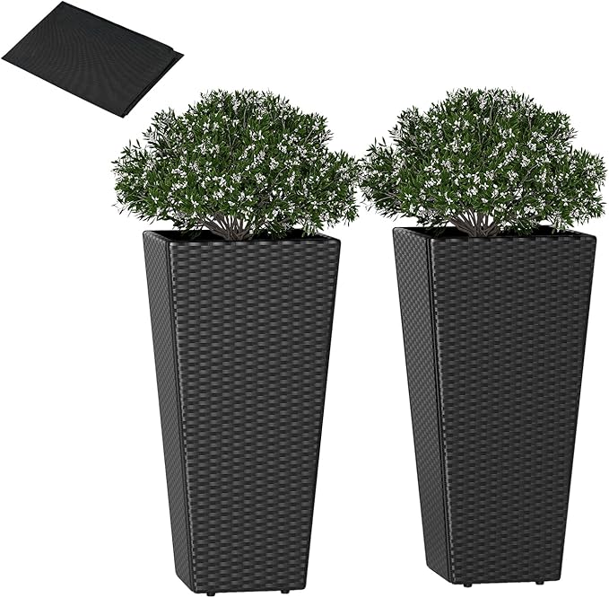 HAPPYGRILL 30 Tall Flower Pot Set of 2 Modern Decorative Planter Pots w/Open-Ended Base PE Rattan Frame Non-Woven Soil Bag Square Textured Flower Pots for Outdoor Garden Patio Front Porch