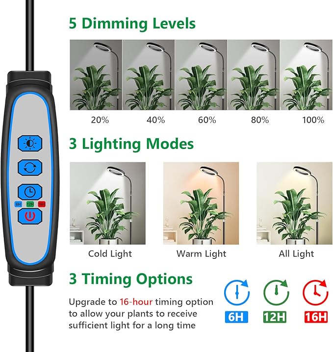 Grow Lights for Indoor Plants Full Spectrum Floor Standing Plant Lights with 68 Stand for Growing Large Tall Plants Black Halo LED Plant Grow Light with 6/12/16H Timer