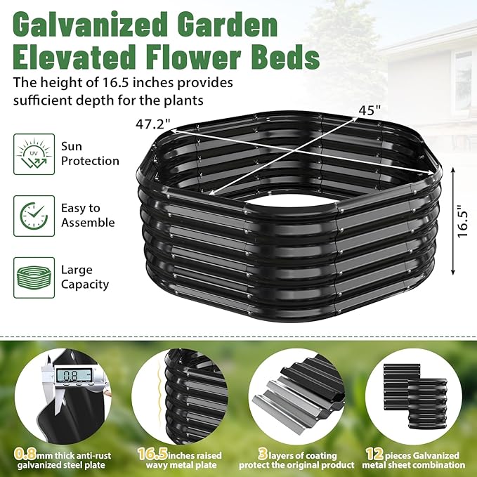 Hexagon Raised Garden Bed 48 Inch Diagonal &amp 16.5 Inch Tall Galvanized Steel Planter Box with Wave-Shaped Metal Panels for Outdoor FlowerTreeHerb &amp Vegetable Garden (Black 4FT X 1.5FT)