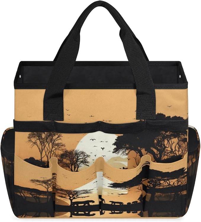 Sunset Elephants Tree Silhouette Garden Tool Bag Waterproof Garden Tool Storage Bag Heavy Duty Oxford Gardening Tool Bag with Handle &amp 10 Pockets for Men Women Outdoor Garden Lawn Yard