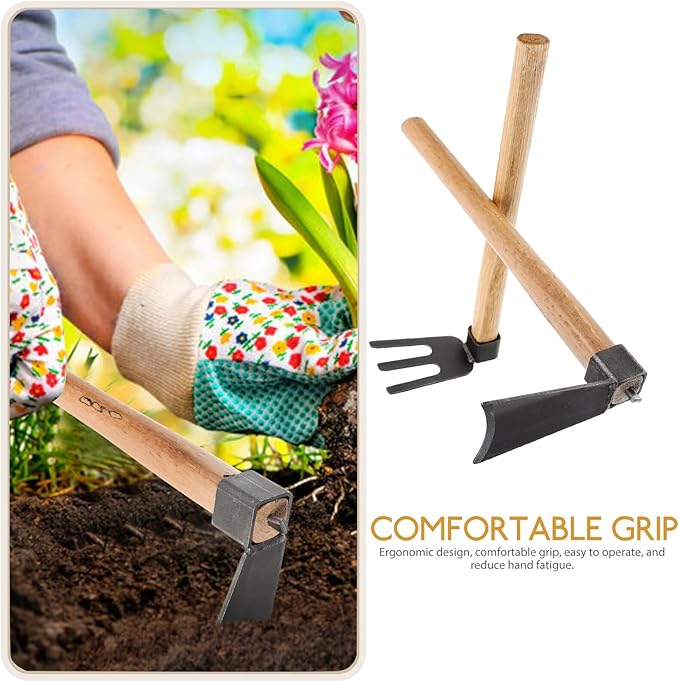 Garden Hoe and Steel Rake Set with Wooden Handles 2pcs Handheld Small Gardening Hoe and Flower Farming Rake for Outdoor Weeding and Soil Cultivating