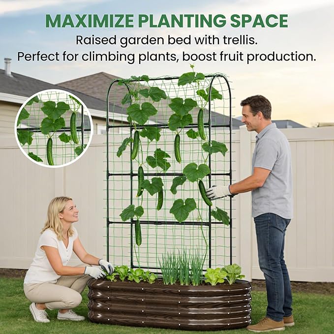 2 in 1 Galvanized Raised Garden Bed with 71 H Arch Trellis for Climbing Plants Outdoor Gardening Planter Box with Climbing Net for Flowers Vegetables Fruits Herbs Wood Grain