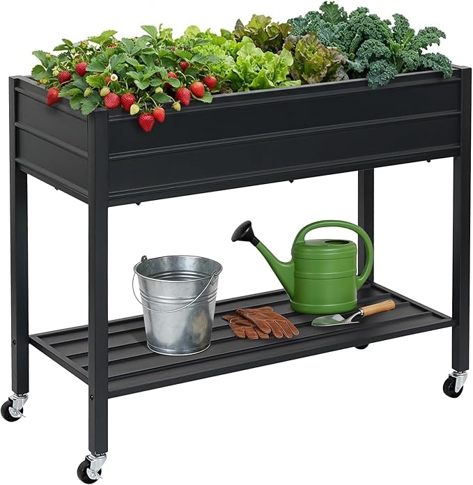 ZORMY 32 Tall Galvanized Raised Garden Bed with Legs Wheels &amp Shelf Elevated Planter Box Outdoor for Vegetables Herbs &amp Flowers Patio &amp Backyard Garden Bed with 400lb CapacityBlack