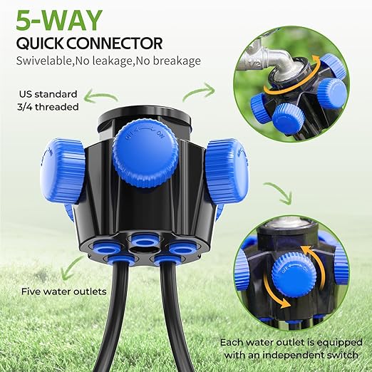 HIRALIY 50FT Garden Drip Irrigation Kit Automatic Watering System with 5-Way Connector Quick Connectors Adjustable Drippers Raised Bed Patio