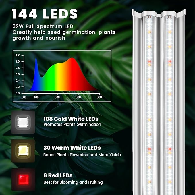 Wolezek Grow Lights for Seed Starting with 6/9/12H Timer 2ft T5 144 LEDs Full Spectrum Grow Light Seedling with Stand for Indoor Plants 32W High Output Seed Starter Light Kit Height Adjustable