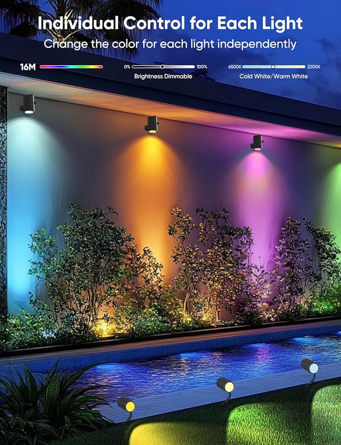APPECK Smart Landscape Lighting Kit 36W RGBCW Smart Landscape Lights 6 Pack IP65 Waterproof Outdoor Spotlights Alexa/Google Assistant Compatible for Garden Pathway Yard Holiday Decor