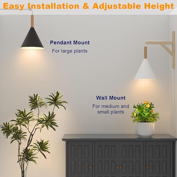 Hanging Grow Lights for Indoor Plants 20W Full Spectrum Plant Lamp with Timer Adjustable Height Wall-Mounted 3000K Growlight with 14.5 ft Power Cord for Greenhouse Garden Large Plants (Black)