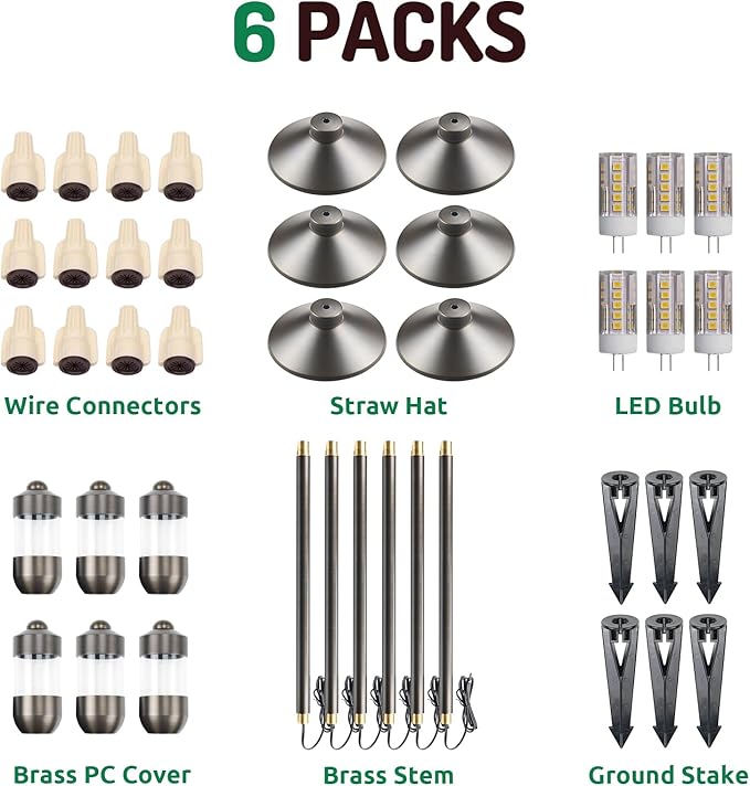 DOSHINE® Solid Brass Low Voltage Landscape Lighting Pathway Lights (7 Shade 22 Tall) with Replaceable 3W G4 LED Bulb 3000K AC/DC 12V and Ground Stake for Outdoor Walkway Driveway (HAT 6-Pack)