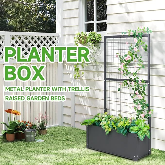 Metal Planter with Trellis Raised Garden Beds Outdoor (35.5 L*12 W*59 H) Inch Planter Box with Trellis&ampPrivacy Screen for Climbing Plants Vegetables Vines