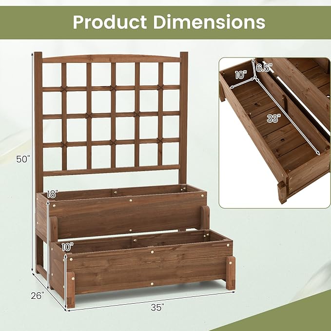 2 Pieces Raised Garden Bed with Trellis 2-Tier Wooden Elevated Planter Box with Legs Hemp Rope &amp Drainage Holes Raised Plant Bed for Backyard Garden Lawn