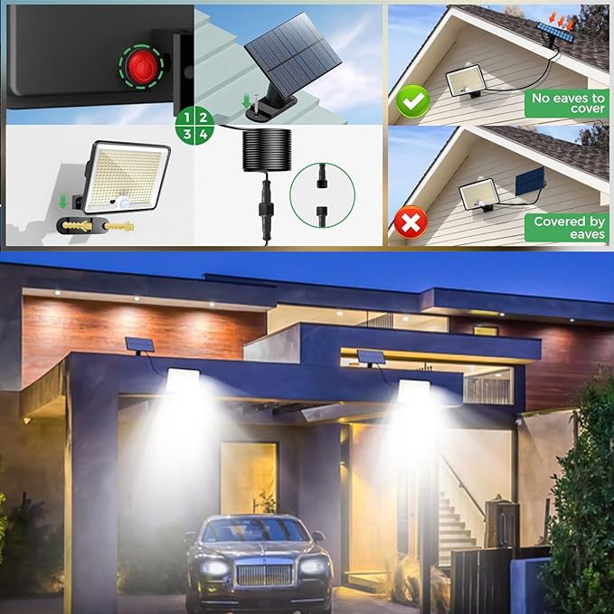 LOTMOS 4 Pack Outdoor Solar Motion Detector Light 342 LED Light 3 Modes Solar Lighting for Garden Garage Yard Cool White