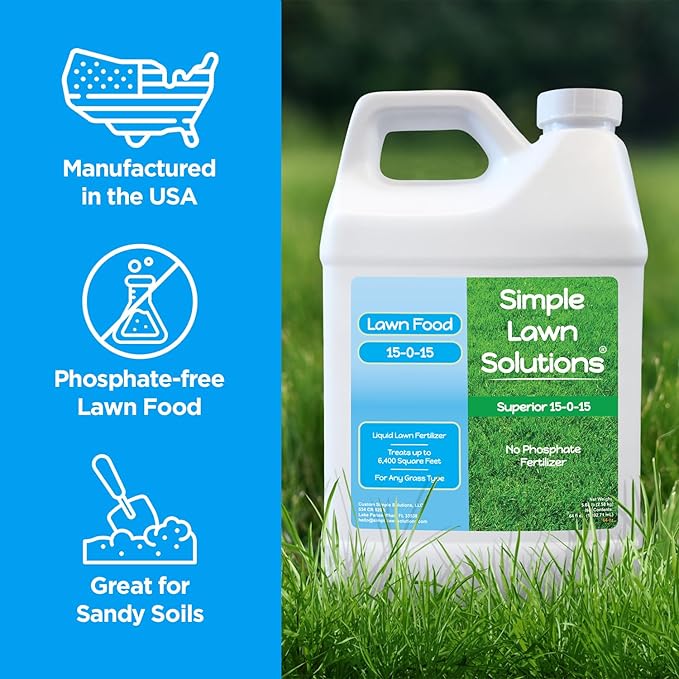 Superior 15-0-15 Liquid Lawn Fertilizer - Lawn Food for Growth &amp Green - Nitrogen Potassium Humic Fish &amp Seaweed - Any Grass Type- Simple Lawn Solutions - All Season- Concentrate (64 Ounce)