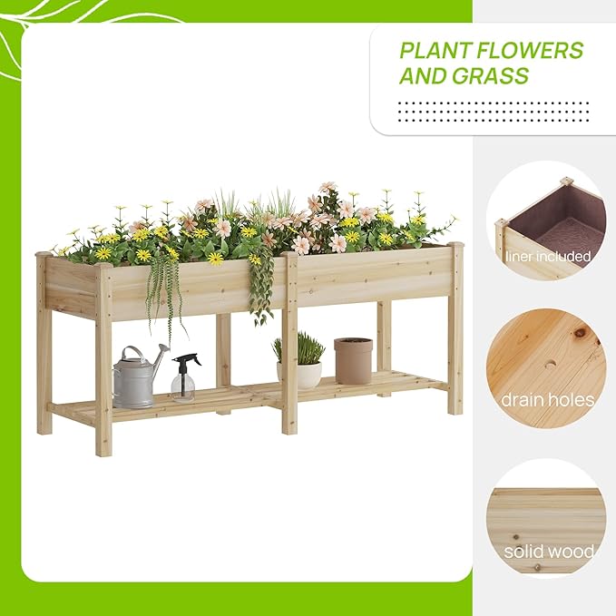 Raised Garden Bed with Legs Wooden Planter Box with Storage Shelf Elevated Wood Planter Box for Vegetables Flowers Herbs Garden Planter for Backyard Patio Balcony 72x24x30.7inch (Natural L)