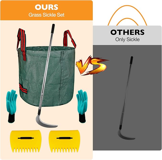 Sickle Garden Tool Set Long Handle Weeding Sickle with Serrated Double-Edged Blade Grass Sickle Stand Up Weeding Tool with 2 Pack Leaf Scoops 16 Gallon Lawn Bag with Gardening Gloves for Yard