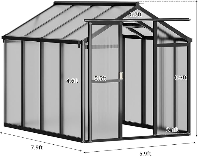 6X8 ft Greenhouse Greenhouses for Outside Aluminum Frame Polycarbonate Panels with Sliding Lockable Door and Ajustable Roof Vent Spacious Walk-in Design for Backyard Garden Patio Black