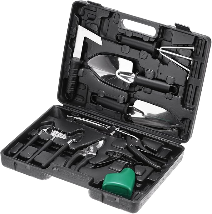 HARFINGTON 1 Set Garden Tool Set 10 Pieces Plastic Gardening Planting Tools Kits with Shovels Rake Scissor Trimmer Water Sprayer and Store Case Black