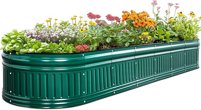 KING BIRD Raised Garden Bed Kit 2025 Upgraded Modular DIY Galvanized Planter Garden Box Outdoor for Gardening Vegetables Flowers Elegant Roman Column Design 94x24x12 in Dark Green