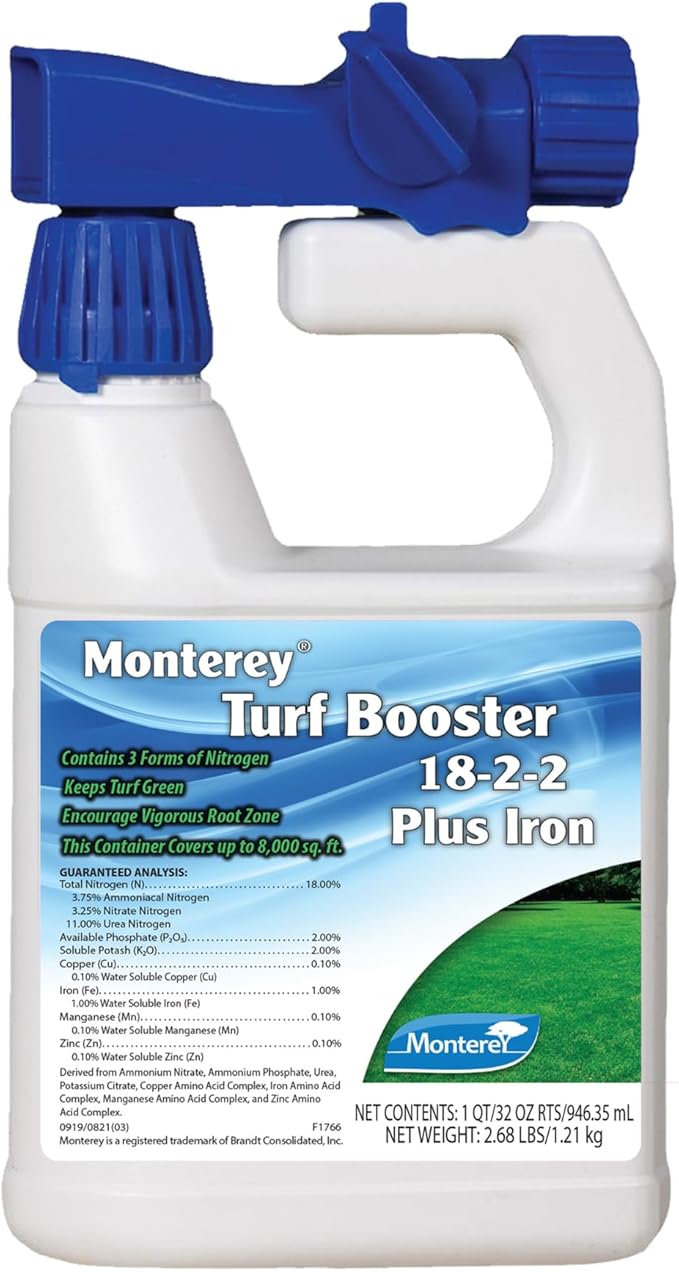 Monterey Turf Booster Fertilizer 18-2-2 + 1% Iron RTU Hose End Connect 32 fl oz