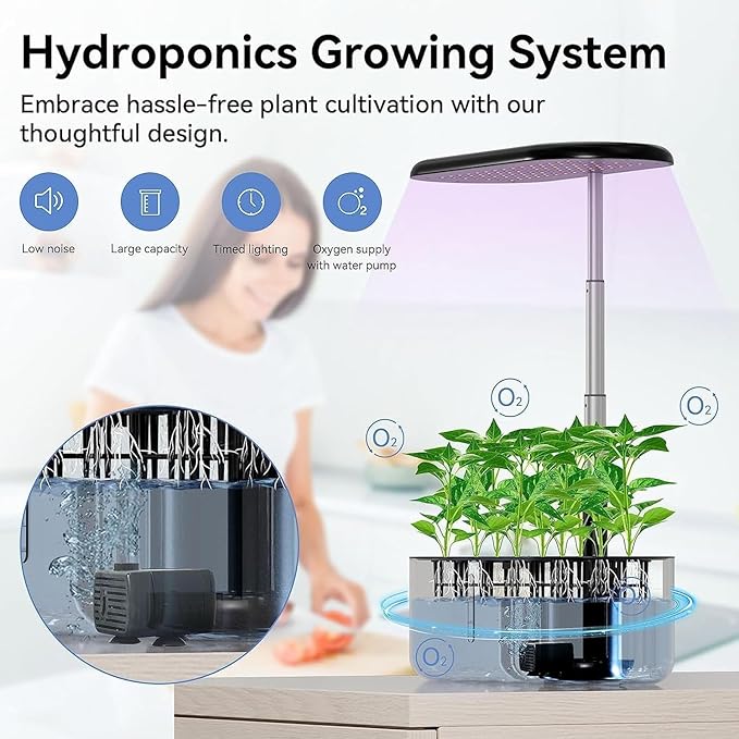 Black Hydroponics Growing System Kit: 10 Pods Indoor Garden with 24W LED Grow Light 3.6L Water Tank Adjustable Height and Smart Controls